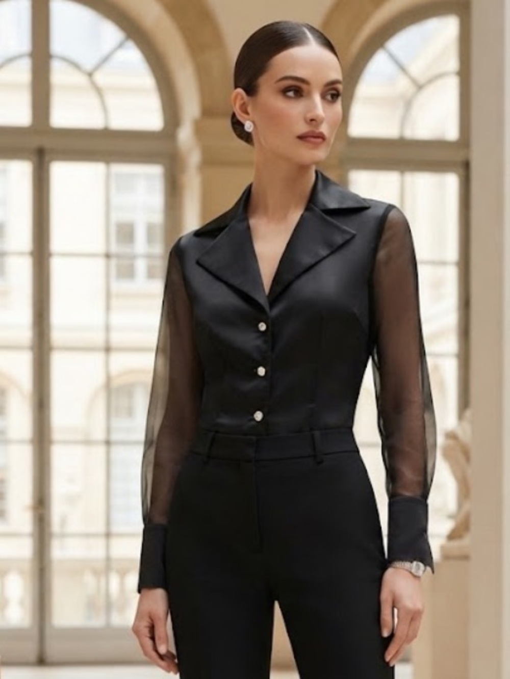 Vintage SAKS FIFTH AVENUE SILK Black Blouse TUXEDO BLACK TIE PARTY